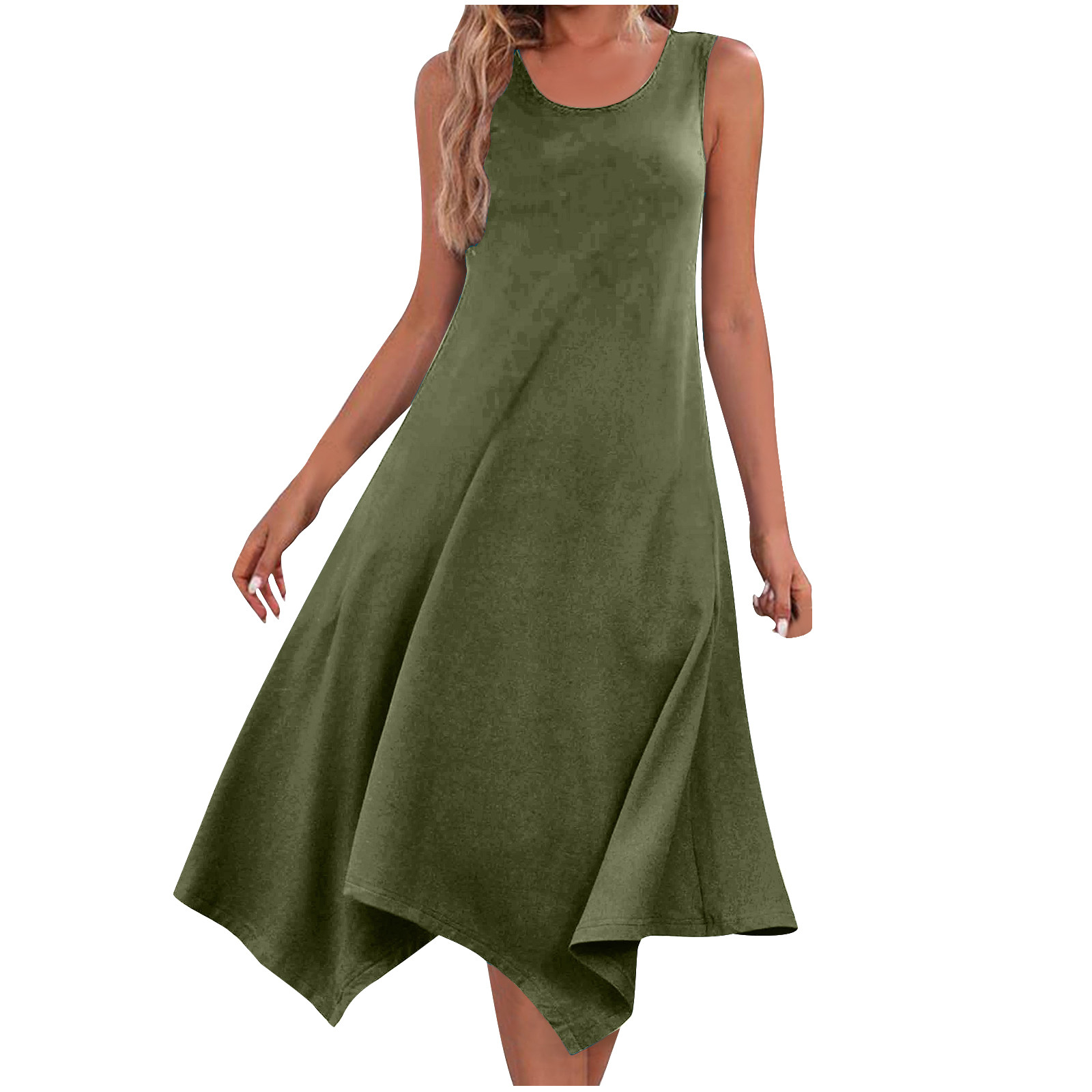 pimelu Dresses for Women Womens Dresses Loose Irregular Pleated Hem Beach Tank Knee-Length Dress Summer Fashion Solid Sleeveless Crewneck Ladies Midi Sun Dress